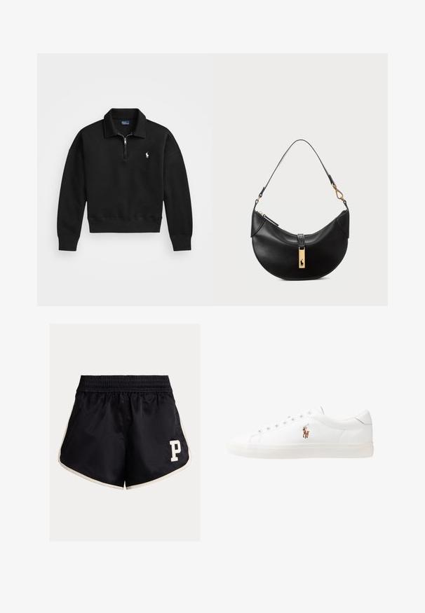 Čierny pulóver so zipsom vyrobený z mäkkej tkaniny, s polovičným zipsom na golieri, rebrovanými manžetami a malým bielym logom na ľavej hrudi.; Čierne atletické šortky s elastickým pásom, krémovými bočnými pruhmi a bielym logom "P" v dolnom ľavom rohu. Hladká tkanina, voľný strih.; Biele kožené tenisky s nízkym strihom, s hladkou textúrou, okrúlym špičkou, šnurovaním vpredu a malým vyšitým logom na boku.; Čierna kožená kabelka v tvare polmesiaca. Obsahuje zlaté kovové doplnky a úzku rúčku. Hladká textúra, zips na vrchu.
