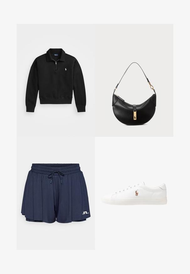 Sweatshirt preto de pulôver feito de tecido macio, com colarinho de meio zíper, punhos canelados e um pequeno logótipo branco no lado esquerdo do peito.; Calções de desporto azul-marinho com cintura elástica e cordão. Apresenta um logótipo branco na parte inferior esquerda e um tecido leve e respirável.; Sapatilhas de couro brancas, design de cano baixo, com textura suave, biqueira redonda, atacadores à frente e um pequeno logótipo bordado na lateral.; Bolsa de couro preto em forma de meia-lua. Apresenta um detalhe em metais dourados e uma alça estreita. Textura suave, fechamento em zíper na parte superior.