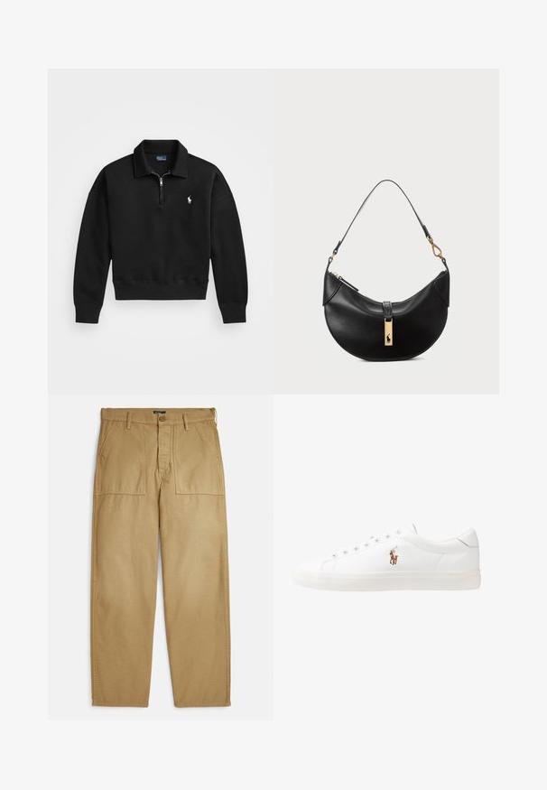 Sweatshirt preto de pulôver feito de tecido macio, com colarinho de meio zíper, punhos canelados e um pequeno logótipo branco no lado esquerdo do peito.; Calças chino caqui com corte de perna reta, apresentando dois bolsos laterais, fecho de botão e acabamento em tecido texturizado.; Sapatilhas de couro brancas, design de cano baixo, com textura suave, biqueira redonda, atacadores à frente e um pequeno logótipo bordado na lateral.; Bolsa de couro preto em forma de meia-lua. Apresenta um detalhe em metais dourados e uma alça estreita. Textura suave, fechamento em zíper na parte superior.