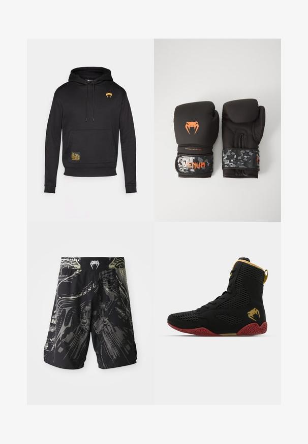 Fekete kapucnis pulóver puha anyagból, elülső zsebbel, húzózsinóros kapucnival, aranyszínű logóval a mellkason, amelyhez egy texturált sárga címke is tartozik.; Fekete rövidnadrág több tónusú grafikai mintával, amely mechanikai terveket ábrázol. Rugalmas derékpánt, logóval a hátsó részen. Könnyű anyag.; Felső sportcipő fekete hálós és szintetikus anyagból, texturált díszítésekkel, piros gumitalppal és arany részletekkel a bokán.; Fekete bokszkesztyűk matt felülettel és ergonómikus kialakítással. Narancssárga logó részletek és álcázó mintázatú csuklóhevederek.