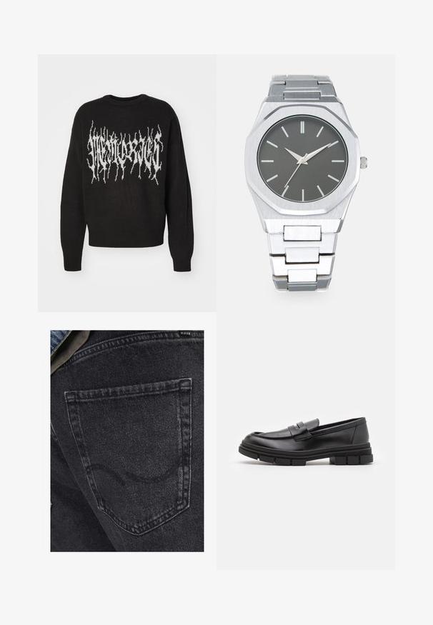 Mustmustel mustri, millel on valge graafiline disain teravate hammastega ülemises osas. Ümmargune kaelus ja soonikkoes varrukad.; Mustad teksased, millel on seljatasku peente tikandite detailidega. Tekstuur on veidi kulunud ja pehme, tuhm viimistlus.; Mustad musta naha sussid sujuva viimistlusega, esiosal rihmaga detail ning paksu kummitaldaga, mis on kaunistatud soontega.; Hõbedane analoogkell, millel on oktagonaalne korpus, hall kelladial, hõbedased näidikud ja roostevabast terasest link-rihm. Minimalistlik disain sujuva tekstuuriga.