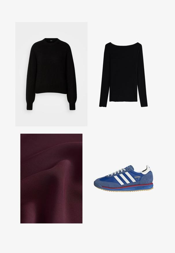 Pull en tricot noir avec un col rond et des manches longues légèrement amples. Poignets et ourlet côtelés. Texture douce, coupe boxy.; Intimissimi U-BOOT-AUSSCHNITT - T-shirt à manches longues - black; Next ELASTICATED BACK WIDE REGULAR FIT - Pantalon classique - burgundy red; Baskets en suède bleu avec des rayures blanches, des accents rouges et bleus, et une semelle en gomme. Éléments en tissu texturé et design sportif classique.