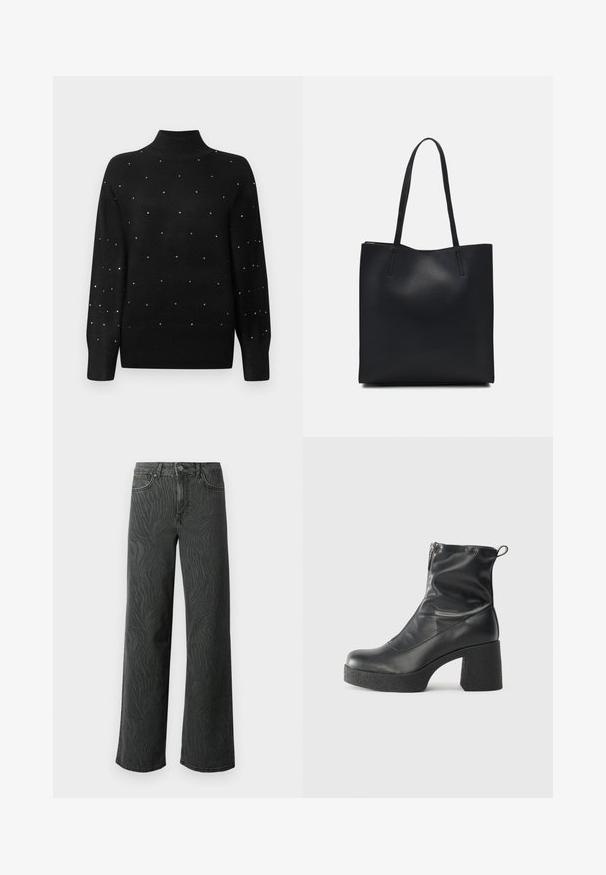 Schwarzer Rollkragenpullover mit geripptem Kragen und Ärmeln, verziert mit verstreuten metallischen Verzierungen über den gesamten Körper.; Weite Jeans aus dunkelgrauem Denim, mit einer subtilen Zebra-Muster-Struktur, kontrastierenden Nähten und einem Fünf-Taschen-Design mit einem Knopfverschluss.; Schwarze Stiefeletten aus glattem Leder mit seitlichem Reißverschluss, klobigem strukturiertem Absatz und runder Zehenform.; Schwarze Laptoptasche aus Leder mit glatter Textur, rechteckiger Form und zwei langen Griffen. Keine sichtbaren Beschläge oder Verzierungen.