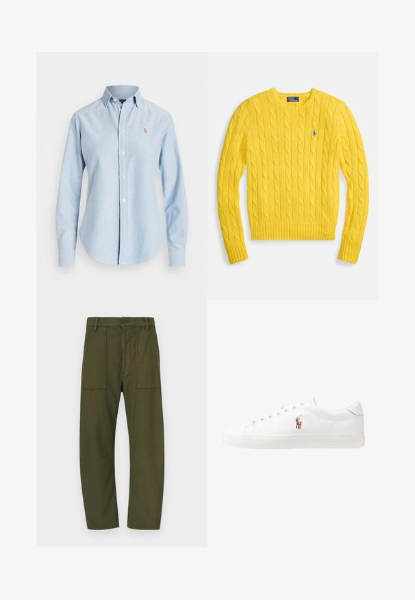 Gul kabelstrikket genser med rund hals, ribbede mansjetter og kant, med en blå brodert logo på brystet. Myk tekstur.; Lys blå, skjorte med knapper laget av bomull, med lange ermer, spiss krage og en liten brodert logo på venstre bryst.; Olivengrønne bomullsbukser med normal passform, to lommer foran og knappelukking i midjen.; Hvite lærsko, lavt design, med en glatt tekstur, rund tå, snøring foran, og en liten brodert logo på siden.