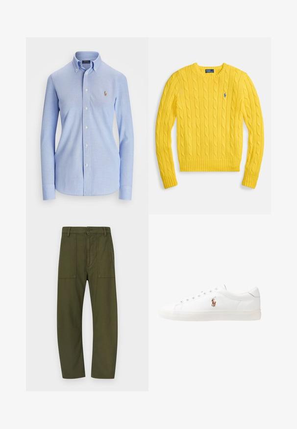 Camisola amarela de malha trançada com decote redondo, punhos e bainha canelados, apresentando um logótipo azul bordado no peito. Textura suave.; Camisa azul-clara de botões com mangas longas, colarinho pontudo e um logo bordado no peito. Feita de um tecido texturizado.; Calças de algodão verde-oliva com um corte regular, apresentando dois bolsos frontais de remendo e fecho de botão na cintura.; Sapatilhas de couro brancas, design de cano baixo, com textura suave, biqueira redonda, atacadores à frente e um pequeno logótipo bordado na lateral.