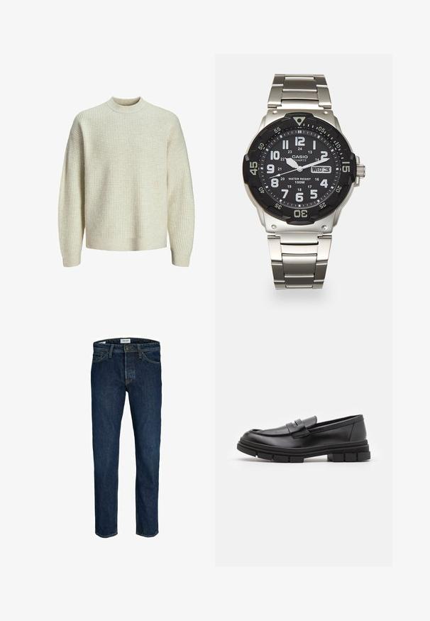 Pulover tricotat de culoare bej deschis, cu un model texturat tip vafe. Are un gât înalt și manșete și tiv cu detalii rib. Material moale, de greutate medie.; Jeans din denim de culoare bleumarin închis, cu un design cu picior drept, prezentând un stil clasic cu cinci buzunare și un sistem de închidere vizibil cu nasture metalic la talie.; Loaferi din piele neagră cu un finisaj neted, având un detaliu cu bretea frontală și o talpă din cauciuc masivă cu accente striate.; Ceas quartz metalic cu cadran negru, numerale albe și afișaj de dată. Dispune de o bratara din oțel inoxidabil și o rezistență la apă de 100m.