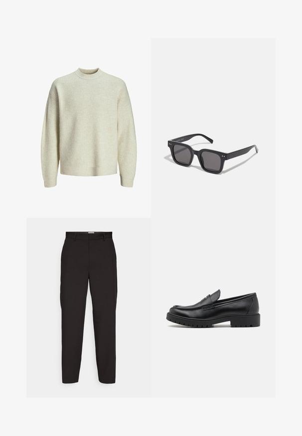 Suéter de punto color beige claro con un patrón texturizado tipo gofre. Presenta un cuello alto y manguitos y dobladillo acanalados. Tejido suave de peso medio.; Pantalones negros hechos de una tela suave, con un diseño de pierna recta, trabillas para cinturón y bolsillos laterales. Sin patrones visibles ni herrajes.; Mocasines de cuero negro con punta redondeada, diseño sin cordones y suela de goma gruesa con agarre texturizado. Tacón elevado y detalles de costura sutiles.; Gafas de sol rectangulares negras con lentes oscuros, que presentan un marco grueso, acentos sutiles en los lados y sin logotipos visibles más allá del nombre de la marca.; Reloj de acero inoxidable plateado con bisel azul y rojo, esfera azul marino, marcadores de hora blancos, movimiento de cuarzo, resistente al agua hasta 200 metros y pantalla de fecha.
