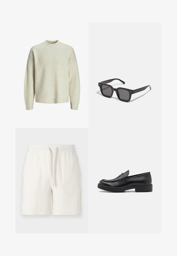 Pull en maille beige clair avec un motif texturé en gaufre. Il présente un col montant et des manches et un ourlet côtelés. Tissu doux de poids moyen.; Shorts en coton blanc légers, avec une taille élastique et un cordon de serrage, présentant une texture froissée et une coupe décontractée.; Mocassins en cuir noir avec un bout arrondi, un design à enfiler et une semelle en caoutchouc épaisse avec une texture antidérapante. Talon surélevé et détails de surpiqûre subtils.; Lunettes de soleil noires rectangulaires avec des verres foncés, arborant une monture épaisse, des accents subtils sur les côtés et aucun logo visible en dehors du nom de la marque.