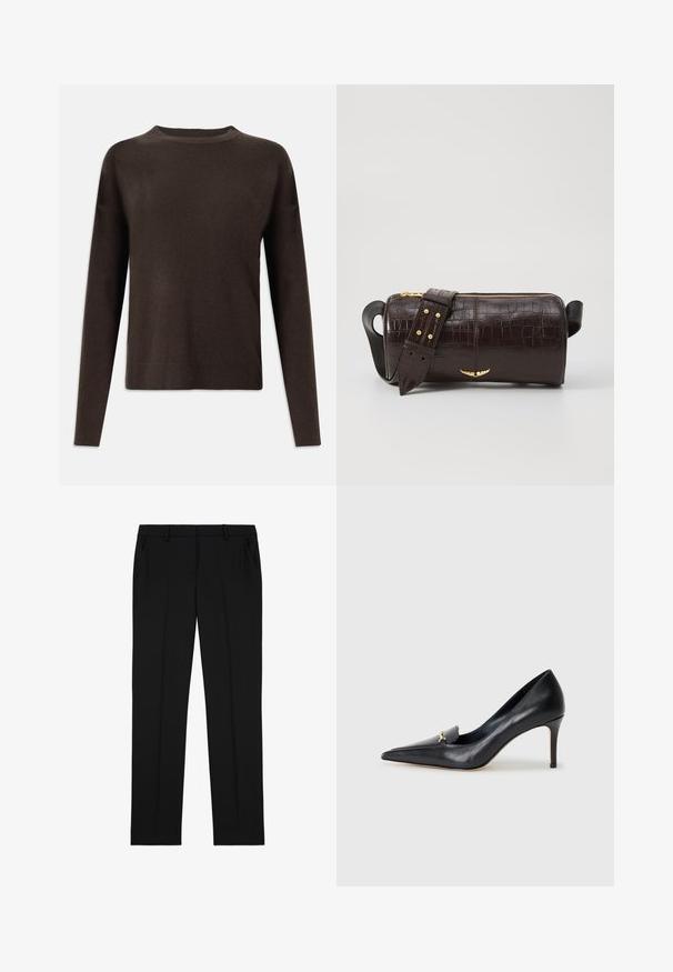 Pulover tricotat cu mânecă lungă de culoare maro închis, cu guler rotund și manșete și tiv din material cu nervuri, expus pe un fundal alb simplu.; Pantaloni negri, croiți pe măsură, cu o textură netedă, având un front plat, două buzunare laterale și un design clasic cu picior drept.; Pantof cu toc din piele neagră, cu vârf ascuțit, decolteu adânc și un accent decorativ auriu. Prezintă un toc stiletto și o textură netedă.; Geantă din piele căptușită cu un model de crocodil de culoare maro, cu o formă cilindrică, accesorii de culoare aurie și un curea detasabilă cu tăieturi.