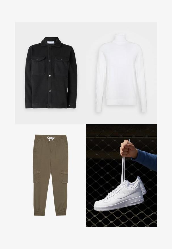 Biely rolák s dlhými rukávmi, vyrobený z hladkej tkaniny. Má priliehavý strih a rebrované manžety a lem. Bez vzorov a akcentov.; Only & Sons ONSEMILIO - Košeľa - black; Khaki cargo nohavice s elastickým pásom a šnúrkou, pričom majú bočné vrecká a zúžené členky. Vyrobené z textúrovaného, ľahkého materiálu.; Biele kožené tenisky s perforáciami, okrúhlou špičkou, plochou podrážkou a hrubými šnúrkami, pričom majú viditeľné logo swoosh a nápis "AIR" na päte.