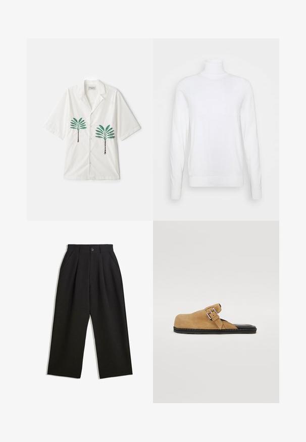 Biely rolák s dlhými rukávmi, vyrobený z hladkej tkaniny. Má priliehavý strih a rebrované manžety a lem. Bez vzorov a akcentov.; OFFICINE GENERALE LUIS PALMTREE EMBROIDE - Košeľa - ecru; Čierne nohavice s voľným strihom, s prekrytím vpredu, bočnými vreckami a zapínaním na gombík. Vyrobené z textúrovanej látky.; Hnedé semišové nazúvacie topánky s plochou čiernou podrážkou, vybavené prackou na nastavenie a hladkým vnútorným vypožičaním.