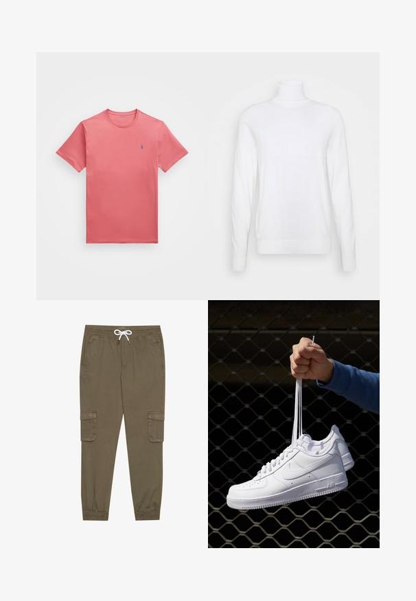 Balta golfas su ilgomis rankovėmis, pagamintas iš glotnaus audinio. Pasižymi prigludusia forma, raukšlėtais rankogaliais ir apatine dalimi. Be raštų ar akcentų.; Polo Ralph Lauren Big & Tall JERSEY CREWNECK T-SHIRT - Paprasti marškinėliai - adirondack berry; Khaki krovinių kelnės su elastingu juosmeniu ir užtrauktuku, su šoninėmis kišenėmis ir sutrauktomis kulkšnėmis. Pagamintos iš tekstūruotos, lengvos medžiagos.; Balti odiniai sportiniai bateliai su perforacijomis, apvalia nosimi, plokščiu padu ir storomis raištelėmis, su matomu swoosh logotipu ir "AIR" ant kulno.