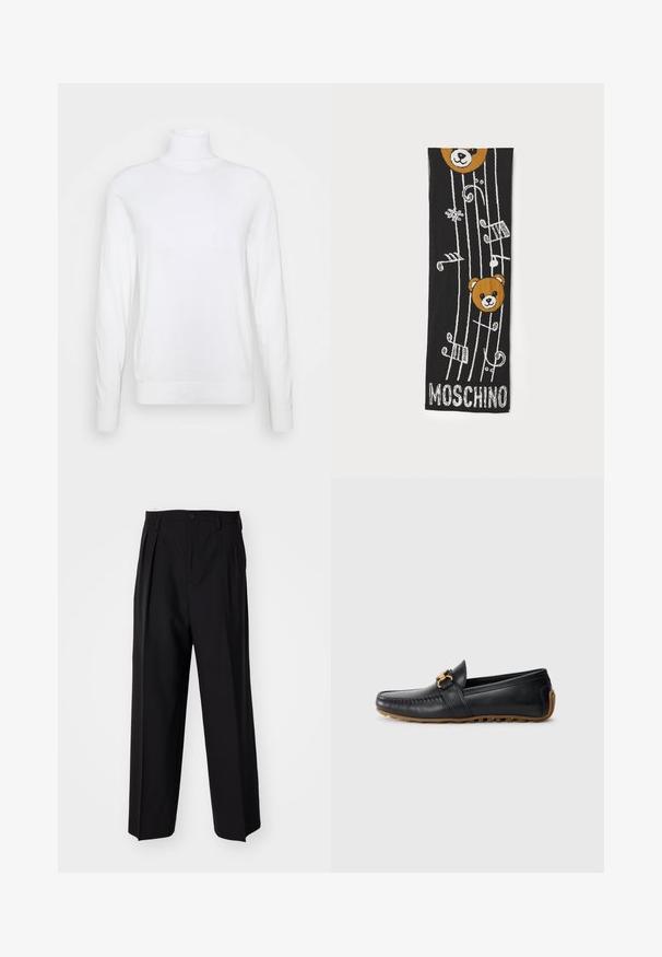 Pulover alb cu guler înalt, cu mâneci lungi, fabricat dintr-un material neted. Are un design ajustat și manșete și margine împălată. Fără modele sau accente.; Pantaloni negri plisat cu un design drept și pantaloni largi. Construiți dintr-un material neted, prevăzuți cu închidere cu nasture și bucle pentru curea.; Mocasini din piele neagră cu vârful rotunjit, cataramă decorativă din aur și talpă din cauciuc. Dispune de detalii de cusătură pe partea superioară și pe lateral.; Șal negru tricotat, cu două capete de urs maro, note muzicale și textul "MOSCHINO" în alb în partea de jos. Textură moale cu un design detaliat.
