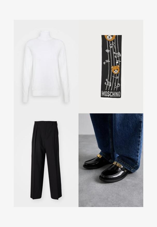 Balta golfas su ilgomis rankovėmis, pagamintas iš glotnaus audinio. Pasižymi prigludusia forma, raukšlėtais rankogaliais ir apatine dalimi. Be raštų ar akcentų.; Juodi klostuoti kelnių, su tiesiu, plačiu kojų dizainu. Pagaminti iš lygios medžiagos, su mygtukų uždarymu ir diržo kilputėmis.; MOSCHINO SCARPA UOMO - Įmautiniai batai - nero; Juodas megztas šalikas su dviem rudais lokių galvomis, muzikinėmis natomis ir „MOSCHINO“ tekstu baltu spalva apačioje. Maloni tekstūra su išsamia dizaino detale.