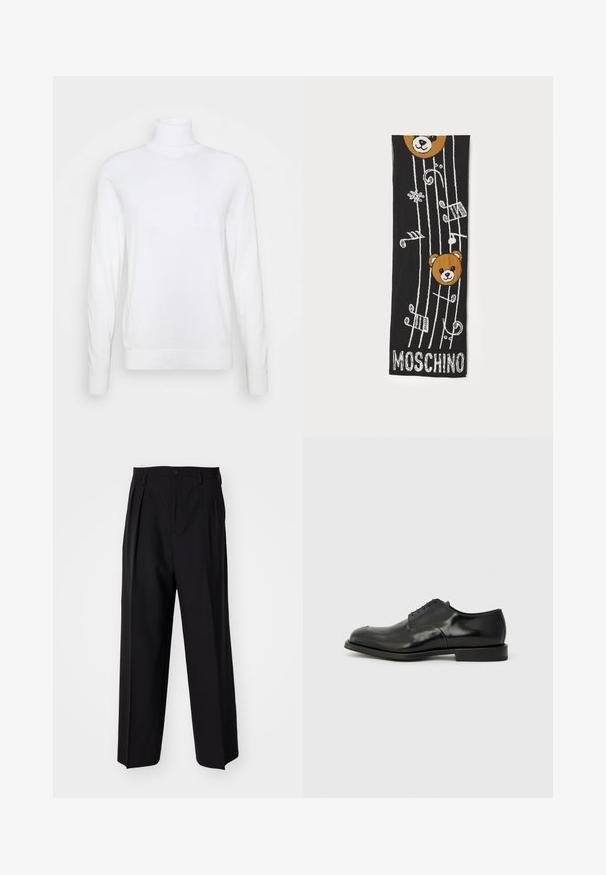 Biely rolák s dlhými rukávmi, vyrobený z hladkej tkaniny. Má priliehavý strih a rebrované manžety a lem. Bez vzorov a akcentov.; Čierne skladané nohavice s rovnom, širokým strihom. Vyrobené z hladkého materiálu, s gombíkovým zapínaním a pútkami na opasok.; Čierne kožené spoločenské topánky s lesklým povrchom, okrúhlou špičkou, piatimi priechodkami na šnúrky a plochou gumovou podrážkou. Hladký povrch s minimálnymi ozdobami.; Čierny pletený šál s dvoma hnedými hlavami medveďa, hudobnými notami a bielym textom „MOSCHINO“ na spodnej strane. Mäkká textúra s detailným dizajnom.