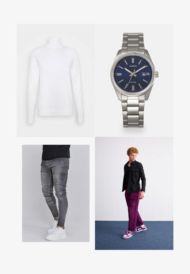 Bijela turtleneck majica dugih rukava, izrađena od glatkog materijala. Ima elegantan kroj s rebrastim manžetama i donjim rubom. Bez uzoraka ili dodataka.; Uske mršave traperice u izblijedjelom sivoj boji, s iznošenim detaljima na koljenima, uparenim s bijelim tenisicama. Glatka tekstura, dizajn prilagođen tijelu.; Crna košulja dugih rukava s dva džepa na prsima, uparen s labavim ljubičastim hlačama i ljubičastim i bijelim tenisicama, na plavom teksturiranom tepihu.; Srebrni sat od nehrđajućeg čelika s tamnoplavim brojčanikom, metalnim oznakama sati i prozorom za datum na 3 sata. Vodootporan do 50 metara.