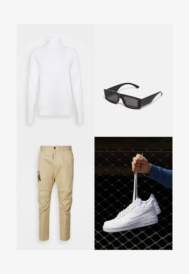 Maglione bianco a collo alto con maniche lunghe, realizzato in tessuto liscio. Presenta un design aderente e polsini e orlo a coste. Senza motivi o dettagli.; Pantaloni in cotone beige con design a gamba dritta, chiusura frontale con bottone e logo "N" stampato in nero sulla gamba sinistra.; Sneakers in pelle bianca con perforazioni, punta rotonda, suola piatta e lacci spessi, con logo swoosh visibile e "AIR" sul tallone.; Occhiali da sole neri con montatura rettangolare e lenti scure. Realizzati in plastica lucida, presentano un design angolare e tempietti sottili.
