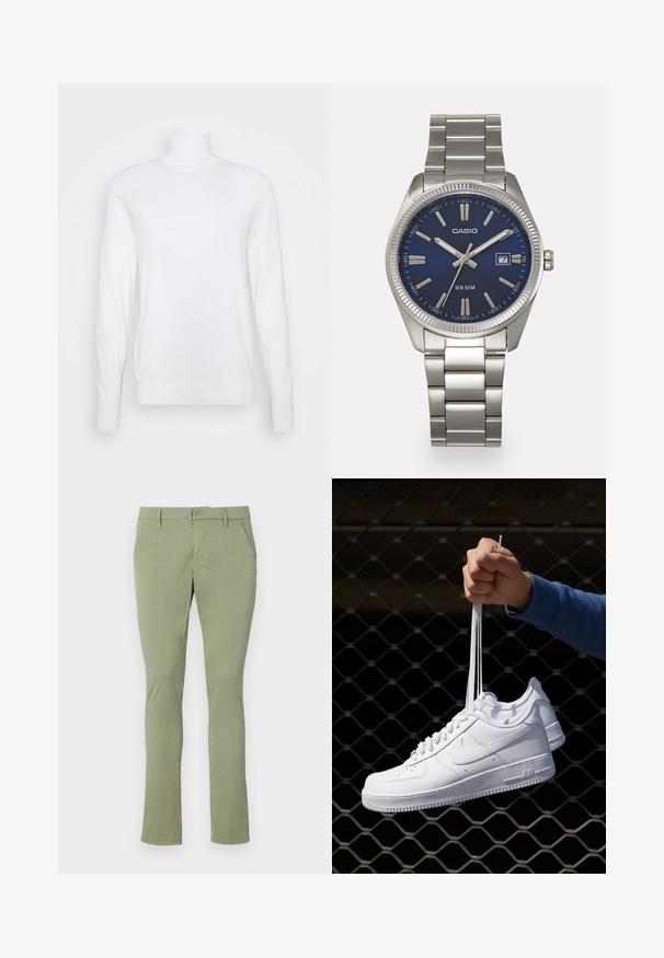 Valkoinen poolopaita pitkähihaisena, valmistettu sileästä kankaasta. Ominaisuuksiin kuuluu vartalon myötäinen muotoilu sekä ribbitekniikalla tehdyt hihansuut ja helma. Ei kuvioita tai koristeita.; Vaaleanvihreät chinot slim fit -leikkauksella, jotka on valmistettu pehmeästä kankaasta. Niissä on litteä etuosa, kaksi sivutaskua ja klassinen vyötärö ilman koristeluja.; Valkoiset nahkasneakersit, joissa on rei'ityksiä, pyöreä kärki, tasapohja ja paksut nauhat, joissa on näkyvä swoosh-logo ja "AIR" kantapäässä.; Harmaa ruostumaton teräs rannekello, jossa on tummansininen kellotaulu, metalliset tuntimerkit ja päivämääränäyttö kello 3:ssa. Vesitiivis 50 metriin asti.