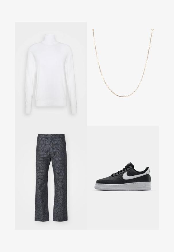 Fehér garbópulóver hosszú ujjakkal, sima anyagból készült. Illeszkedő fazonú, bordázott mandzsettákkal és alsó szegéllyel rendelkezik. Nincs rajta minta vagy díszítés.; MOSCHINO PANTALONE - Egyenes szárú farmer - fantasia nero; Fekete bőr edzőcipő mintás felülettel, fehér Nike logóval, szürke talppal, kerek orral és fűzős dizájnnal. Az orr részen perforációk találhatóak.; Aranyozott fém lánc nyaklánc, apró kerek láncszemekből áll, sima, fényes felülettel és standard kapcsos zárással.