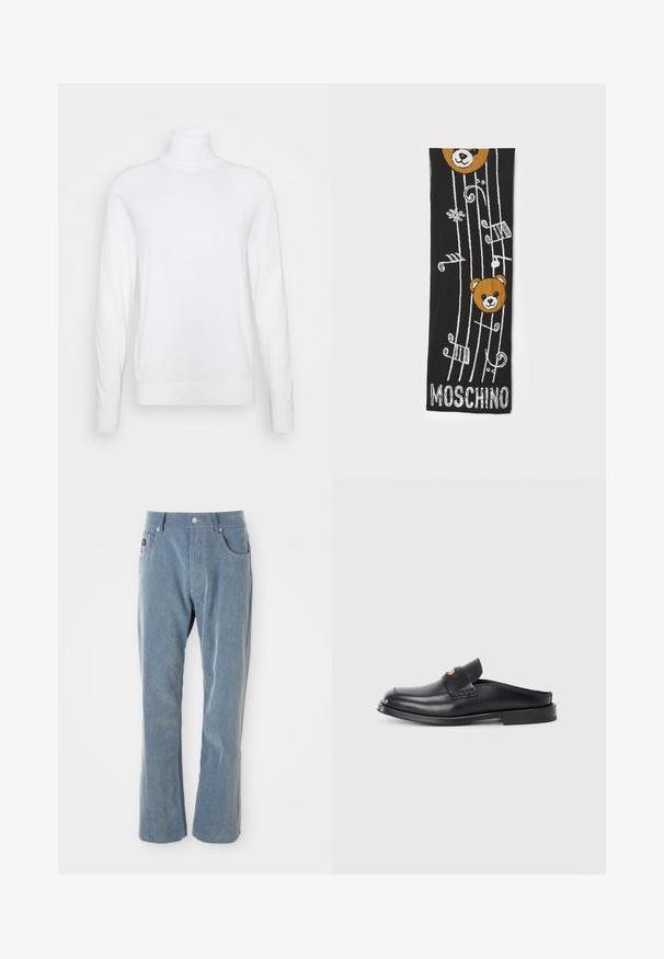 White turtleneck sweater with long sleeves, made of smooth fabric. Features a fitted design and ribbed cuffs and hem. No patterns or accents.; Light blue corduroy pants with button and zipper closure, front pockets, and straight legs on white background.; Black leather slip-on shoe with a rounded toe, low heel, and woven design detail on the upper. Features minimalistic styling and smooth texture.; Black knitted scarf featuring two brown bear heads, musical notes, and “MOSCHINO” text in white at the bottom. Soft texture with detailed design.