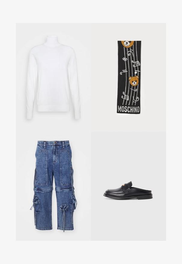 White turtleneck sweater with long sleeves, made of smooth fabric. Features a fitted design and ribbed cuffs and hem. No patterns or accents.; Blue denim cargo pants with multiple pockets, drawstring accents, and a loose fit. Features a faded texture and button closure.; Black leather slip-on shoe with a rounded toe, low heel, and woven design detail on the upper. Features minimalistic styling and smooth texture.; Black knitted scarf featuring two brown bear heads, musical notes, and “MOSCHINO” text in white at the bottom. Soft texture with detailed design.