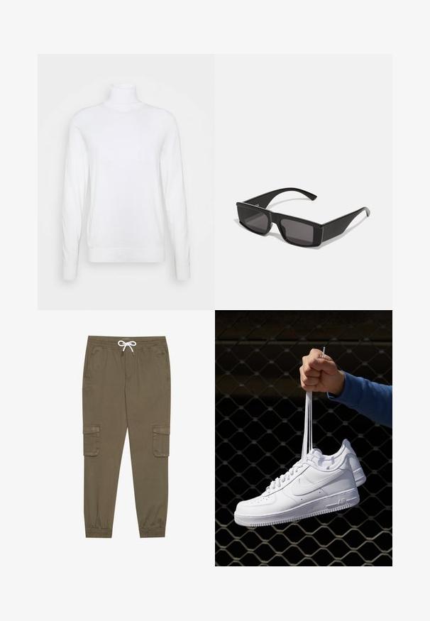 Fehér garbópulóver hosszú ujjakkal, sima anyagból készült. Illeszkedő fazonú, bordázott mandzsettákkal és alsó szegéllyel rendelkezik. Nincs rajta minta vagy díszítés.; Kaki cargo nadrág, rugalmas derékkal és húzózsinórral, oldalsó zsebekkel és szűkített bokákkal. Texturált, könnyű anyagból készült.; Fehér bőr sportcipők perforációval, kerek orral, lapos talppal és vastag fűzőkkel, látható swoosh logóval és "AIR" felirattal a sarokrészen.; Fekete napszemüveg, téglalap alakú kerettel és sötét lencsékkel. Fényes műanyagból készült, szögletes dizájnnal és karcsú szárakkal.