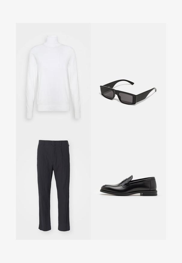 Weißer Rollkragenpullover mit langen Ärmeln, aus glattem Stoff gefertigt. Verfügt über eine taillierte Passform sowie gerippte Bündchen und Saum. Keine Muster oder Akzente.; Schwarze plissee Hosen aus strukturiertem Stoff, mit geradem Bein und normalem Bund. Keine sichtbaren Taschen oder Beschläge.; Schwarze Lederloafers mit glatter Textur, rundem Zehenbereich und einem dekorativen Riemen über dem Vorderfuß. Niedriger, gestapelter Absatz, minimalistisches Design.; Schwarze Sonnenbrille mit rechteckigem Rahmen und dunklen Gläsern. Aus glänzendem Kunststoff gefertigt, zeichnet sich durch ein kantiges Design und schlanke Bügel aus.