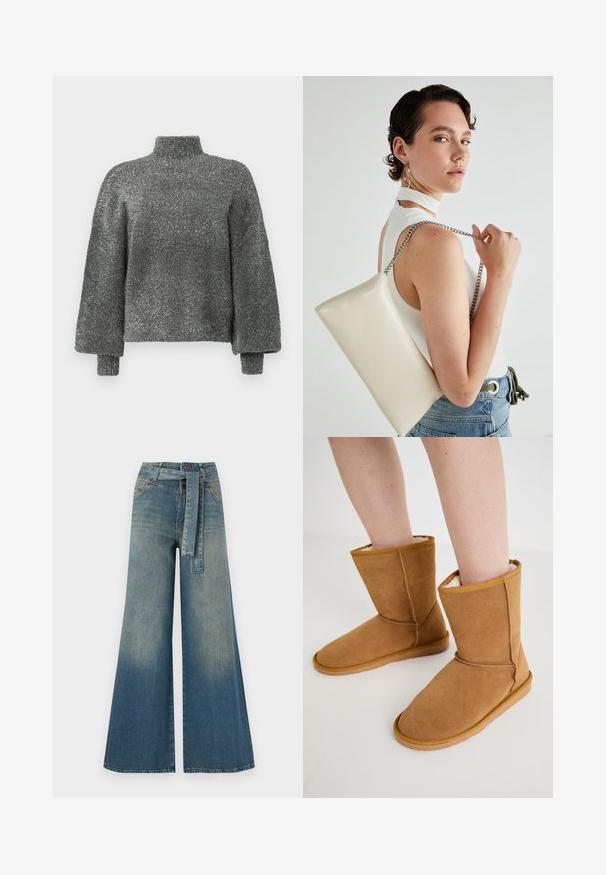 Metāliska pelēka, augsta apkakle džemperis ar garām, nedaudz pārāk lielām piedurknēm. Rūpīgi izstrādāts, spīdīgs audums ar brīvu piegriezumu un ribotām aprocēm.; Platām kājām džinsu bikses ar gaismas līdz tumši zilam gradientam, augstu jostas līniju, jostas cilpām un atbilstošu auduma jostu. Tekstūrēts džinsas apdare.; Tan krāsa zamšota potīte ar mīkstu krēmkrāsas oderi. Iezīmēta ar platu zoli un izšūtu akcentu gar šuvēm, kas radītas komfortam.; Balts taisnstūra clutch soma, izgatavota no spīdīga materiāla, ar sudraba ķēdes siksnu. Modelis pozē, demonstrējot somu uz vienkārša fona.