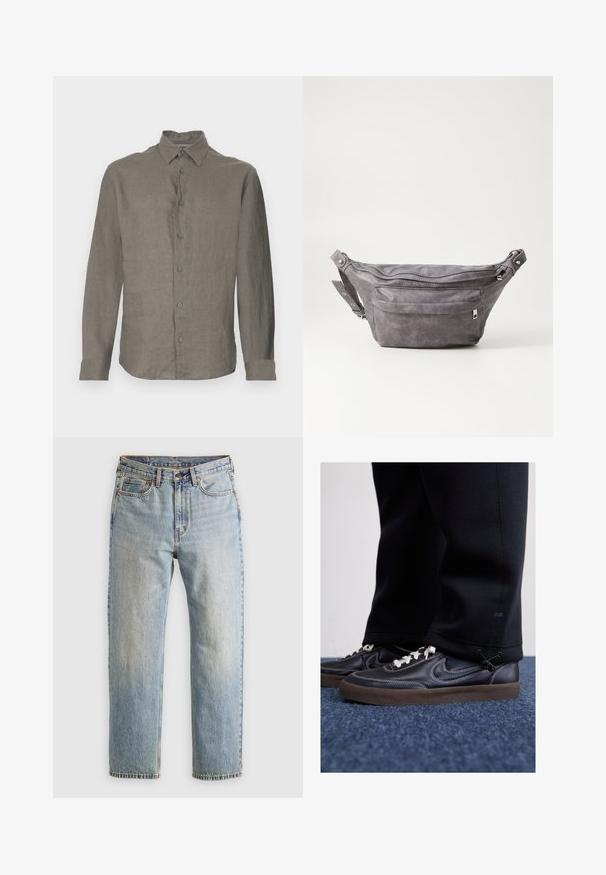 Beige hosszú ujjas kötött pulóver, kerek nyakkal és kis barna hímezett logóval a bal mellrészen, sima háttér előtt bemutatva.; Világosszürke, hosszú ujjú ing, amely lenből készült, gombos elejével, gallérral és mandzsettával rendelkezik. Simas textúrájú, finom szövési mintával.; Világoskék farmernadrág magas derékkal, elülső gombbal, cipzárral és öt zsebbel, sima háttérre fektetve.; Nike Sportswear KILLSHOT 2 LTR PRM OPP2 - Sportcipő - black sail baroque brown mtlc dk grey; Szürke velúr övtáska kerek formával, két cipzáras rekesszel és állítható pánttal. Fém dekorációval rendelkezik.