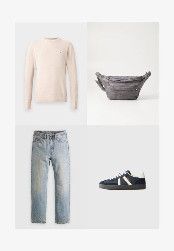 Beige langärmliger Strickpullover mit Rundhalsausschnitt und kleinem braunen gestickten Logo auf der linken Brust, präsentiert auf einem schlichten Hintergrund.; Helle blaue Jeans mit hoher Taille, Frontknopf, Reißverschluss und fünf Taschen-Design, flach auf einem neutralen Hintergrund ausgelegt.; Marineblaue Sneaker mit weißen Schnürsenkeln, zwei weißen Streifen an der Seite, schwarzer Sohle und "JACK & JONES"-Branding in Gold und Schwarz.; Graue Wildleder-Gürteltasche mit runder Form, zwei mit Reißverschluss verschlossenen Fächern und verstellbarem Trageriemen. Mit metallischen Hardware-Akzenten.
