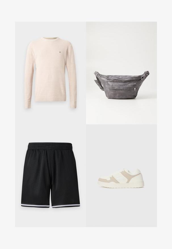 Beeži pikki varrukatega kootud sviater, millel on ümar kaelus ja väike pruun tikand vasakul rinnal, esitatud lihtsal taustal.; Mustad mustriga spordilühikesed püksid elastse vöökohtaga, millel on valged triibud allservas lisadetailina. Kerged ja hingavad materjalid.; Valge ja beež treeningjalats, millel on sujuvad ja sametised tekstuurid, ümar varvas, lukk nööbid ja tasane kummist tald.; Hallikate nahast vöö kott, millel on ümar kuju, kaks tõmblukuga taskut ning reguleeritav rihm. Varustatud metallist detailide aktsentidega.
