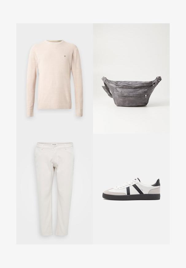 Maglione a maniche lunghe beige in maglia con scollo rotondo e piccolo logo ricamato marrone sul lato sinistro del petto, mostrato su uno sfondo uniforme.; Chino in cotone bianco con vita standard, design a gamba dritta, tasche frontali e chiusura con bottone singolo. Texture morbida, stile minimalista.; Sneaker bianco con accenti neri e grigi, dotata di una punta grigia testurizzata, suola in gomma nera e lacci bianchi piatti. Design pulito, stile minimalista.; Fanny pack in suede grigio con forma arrotondata, due scomparti con cerniera e tracolla regolabile. Presenta dettagli in metallo.