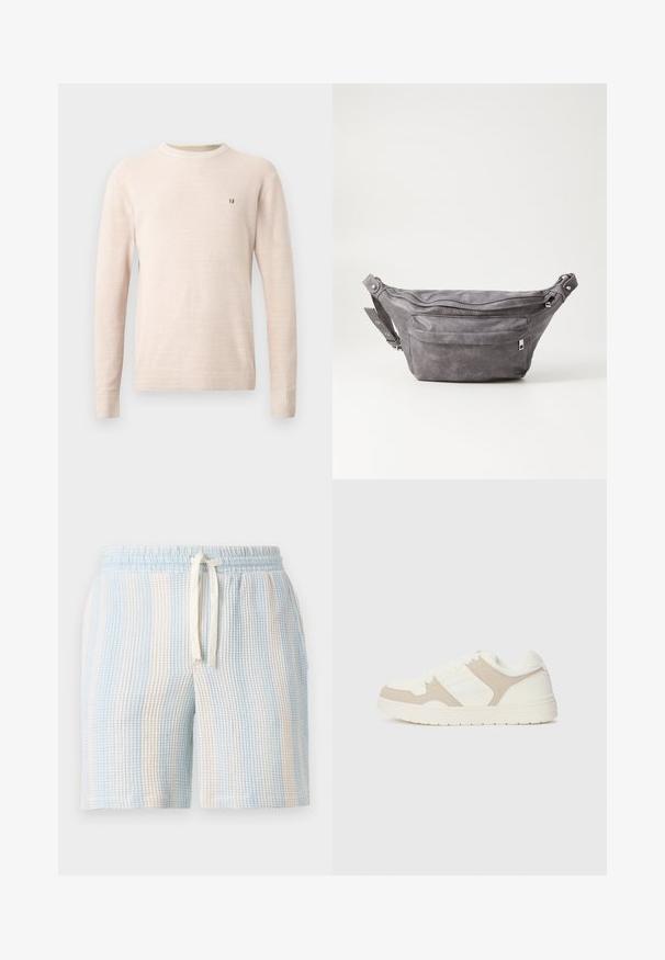 Beżowy sweter robiony na szydełku z długim rękawem, okrągłym dekoltem i małym brązowym haftowanym logo po lewej stronie klatki piersiowej, prezentowany na jednolitym tle.; Lekki, teksturowany szorty w niebiesko-białą paski. Posiadają elastyczny pasek w talii i sznurek do regulacji.; Białe i beżowe sneakersy z połączeniem gładkich i zamszowych faktur, okrągłym noskiem, sznurowanym zapięciem oraz płaską gumową podeszwą.; Szara zamszowa saszetka biodrowa o zaokrąglonym kształcie, z dwoma zasuwanymi komorami i regulowanym paskiem. Wyróżnia się metalowymi akcentami.