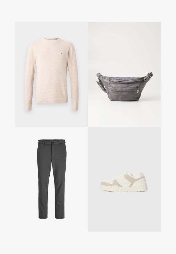 Pull en tricot beige à manches longues avec col rond et petit logo brodé marron sur la poitrine gauche, présenté sur un fond uni.; Pantalons gris ajustés en tissu lisse, dotés d'une fermeture à bouton et de passants de ceinture, avec une coupe droite et sans motifs visibles.; Baskets blanches et beiges présentant une combinaison de textures lisses et en daim, un bout rond, un système de laçage et une semelle en caoutchouc plate.; Sac banane en suède gris avec une forme arrondie, deux compartiments zippés et une sangle réglable. Comprend des accents en métal.