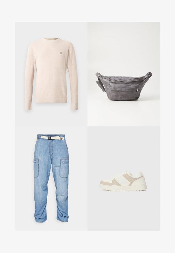 Bežinė ilgaašvė megzta palaidinė su apvalia iškirpte ir mažos rudos siuvinėjimo logotipo ant kairiojo krūtinės, pateikta ant vientiso fono.; Šviesiai mėlyni džinsai su laisvu siluetu, su įvairiomis kišenėmis ir kontrastine balta dirželiu. Lygi tekstūra su matomais siūlės. ; Baltos ir smėlio spalvos sportbačiai, turintys sklandžių ir zomšinių tekstūrų derinį, apvalūs pirštai, su raištelių užsegimu ir plokščiu guminio pado dizainu.; Pilkas suedes fanny pack'as apvalios formos, su dviem užtraukiamais skyreliais ir reguliuojama diržele. Yra metaliniai aksesuarai.