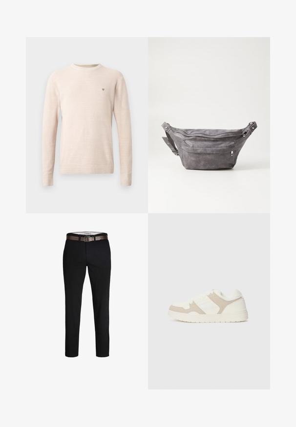 Maglione a maniche lunghe beige in maglia con scollo rotondo e piccolo logo ricamato marrone sul lato sinistro del petto, mostrato su uno sfondo uniforme.; Pantaloni di cotone neri con una vestibilità dritta, dotati di una cintura in pelle marrone e una texture liscia. Design semplice, senza motivi o accenti visibili.; Sneaker bianca e beige caratterizzata da una combinazione di texture liscia e scamosciata, punta rotonda, chiusura con lacci e suola in gomma piatta.; Fanny pack in suede grigio con forma arrotondata, due scomparti con cerniera e tracolla regolabile. Presenta dettagli in metallo.