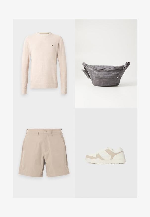 Beige langärmliger Strickpullover mit Rundhalsausschnitt und kleinem braunen gestickten Logo auf der linken Brust, präsentiert auf einem schlichten Hintergrund.; Beige Shorts aus leichtem Stoff, mit vier Taschen und einem Knopfverschluss, mit glatter Textur und geradem Schnitt.; Weiße und beige Sneaker mit einer Kombination aus glatten und Wildleder-Oberflächen, runder Zehenpartie, Schnürverschluss und flacher Gummisohle.; Graue Wildleder-Gürteltasche mit runder Form, zwei mit Reißverschluss verschlossenen Fächern und verstellbarem Trageriemen. Mit metallischen Hardware-Akzenten.