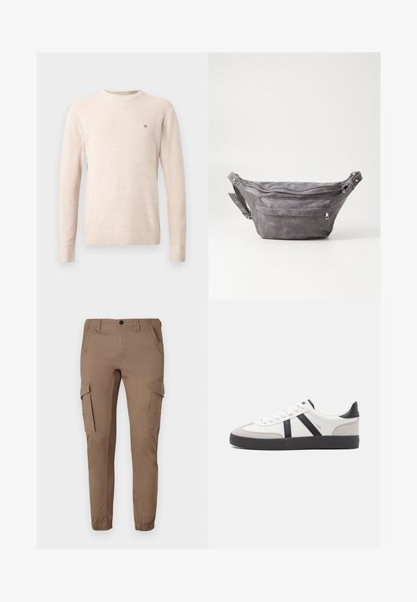Pull en tricot beige à manches longues avec col rond et petit logo brodé marron sur la poitrine gauche, présenté sur un fond uni.; Pantalons cargo marron clair avec des poignets élastiqués, plusieurs poches latérales et une coupe ajustée, confectionnés dans un matériau lisse et durable.; Baskets blanches avec des accents noirs et gris, présentant un embout texturé gris, une semelle en caoutchouc noir et des lacets plats blancs. Design épuré, style minimaliste.; Sac banane en suède gris avec une forme arrondie, deux compartiments zippés et une sangle réglable. Comprend des accents en métal.