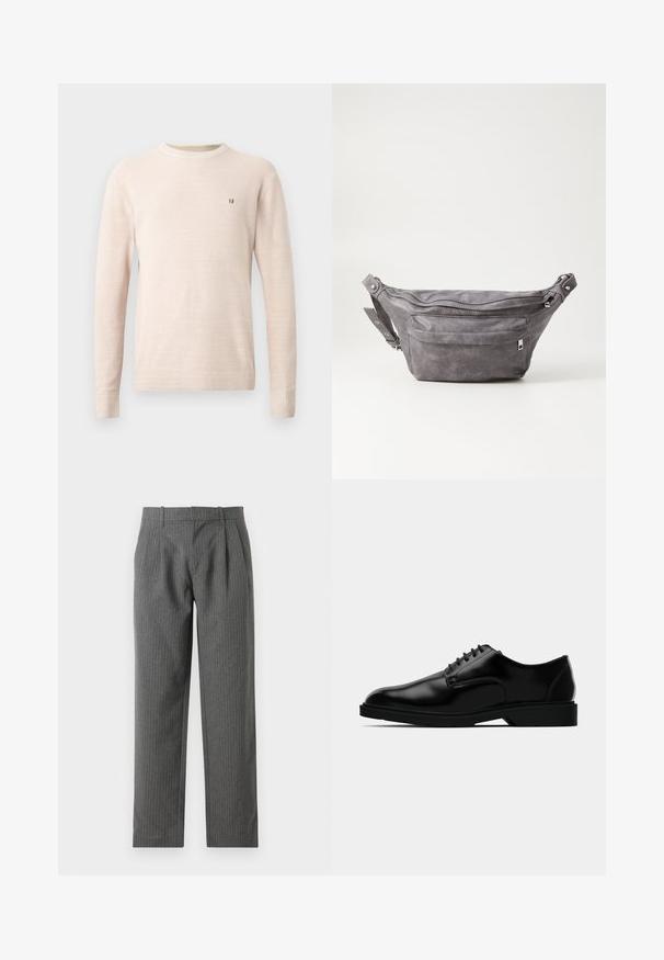 Bežový pletený svetr s dlouhými rukávy a kulatým výstřihem, s malým hnědým vyšitým logem na levém hrudníku, zobrazený na jednobarevném pozadí.; Šedé kalhoty s proužky vyrobené z texturované látky. Mají vysoký pas s sklady a rovný střih nohavic.; Černé kožené společenské boty s hladkým povrchem, zaoblenou špičkou, šněrováním a decentní gumovou podrážkou pro lepší trakci.; Šedý semišový ledvinka s kulatým tvarem, dvěma zipovými přihrádkami a nastavitelným popruhem. Obsahuje kovové akcenty.