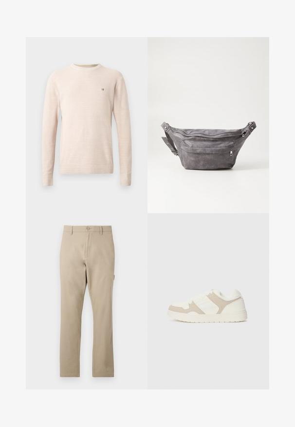 Pull en tricot beige à manches longues avec col rond et petit logo brodé marron sur la poitrine gauche, présenté sur un fond uni.; Pantalons en coton beige avec une coupe droite, dotés d'une fermeture à bouton à l'avant et de détails de couture subtils. Texture lisse, sans motifs.; Baskets blanches et beiges présentant une combinaison de textures lisses et en daim, un bout rond, un système de laçage et une semelle en caoutchouc plate.; Sac banane en suède gris avec une forme arrondie, deux compartiments zippés et une sangle réglable. Comprend des accents en métal.
