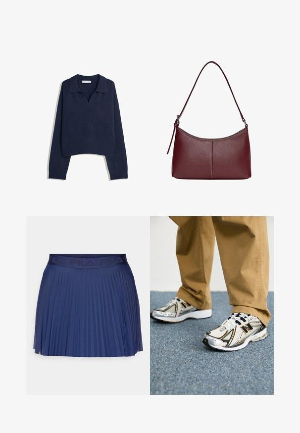 Tengerészkék kötött, hosszú ujjú pulóver bordázott aljjal és mandzsettával, valamint nyitott gallérral.; Tengerész kék, könnyű anyagból készült pliszírozott szoknya, rugalmas derékpánttal, amelyen a "FILA" logó látható. Lebegő design, függőleges pliszékkel a mozgásért.; Fehér és ezüst New Balance sportcipők fekete részletekkel és fűzőkkel, hálós felsőrésszel, párnázott talppal és dinamikus designnal.; Bordó bőr kézitáska ívelt formával, egyetlen vállpánttal és varrott díszítéssel a középen. Simás textúra, minimális fémalkatrészek.