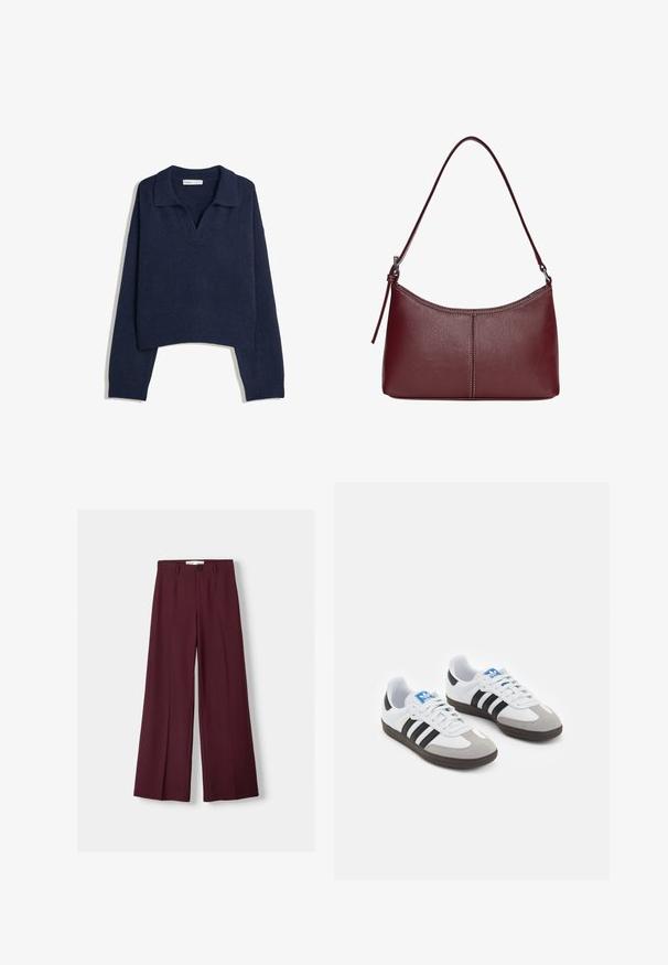 Tamno plavi pleteni džemper dugih rukava s rebrastim rubovima i manžetama te otvorenim ovratnikom.; Bordo široke hlače napravljene od glatkog materijala, s prednjim zatvaranjem na dugme i čistim plisama za prilagođen izgled.; Sportske cipele s gornjištem od bijele kože, sivi suedinasti nos i tri crne pruge. Imaju plavi logo na jeziku i teksturiranu gumenu podlogu.; Bordo kožna torba s zakrivljenim oblikom, jednim remenom za rame i šivenim detaljima na sredini. Glatka tekstura, minimalni dodaci.