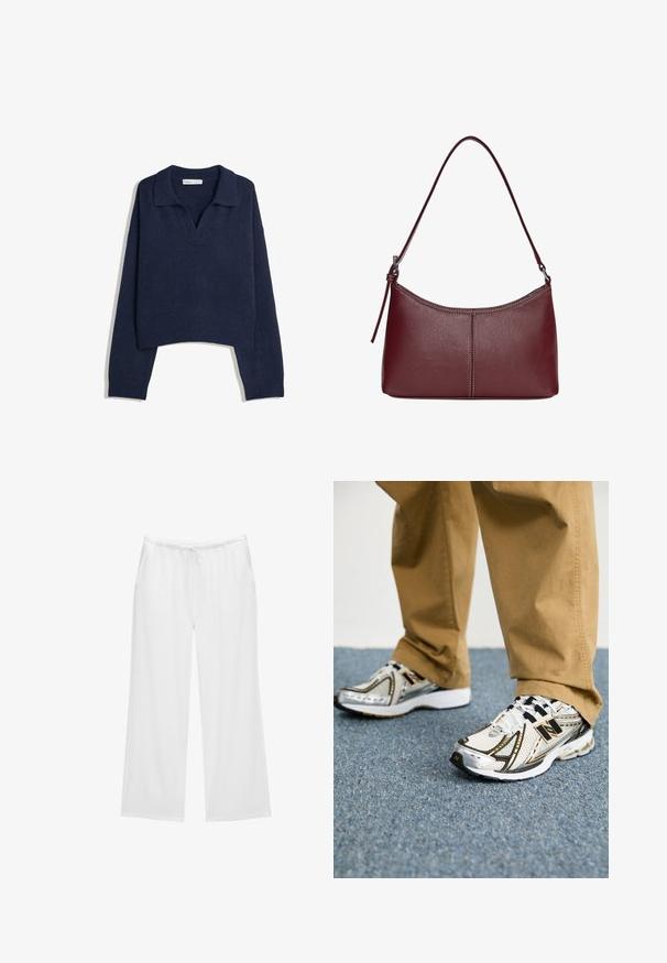 Námornícky modrý pletený sveter s dlhým rukávom, so rebrovaným lemom a manžetami, a otvoreným golierom.; Biele nohavice s širokými nohavicami vyrobené z mäkkého materiálu, s elastickým pásom na šnúrku a dvomi bočnými vreckami. Jednoduchý a čistý dizajn.; Biele a strieborné tenisky New Balance s čiernymi akcentmi a šnúrkami, s priedušným vrchom, polstrovanou podrážkou a dynamickým dizajnom.; Bordová kožená kabelka s zakriveným tvarom, s jedným ramenným popruhom a prešitými detailmi v strede. Hladký povrch, minimalistické príslušenstvo.
