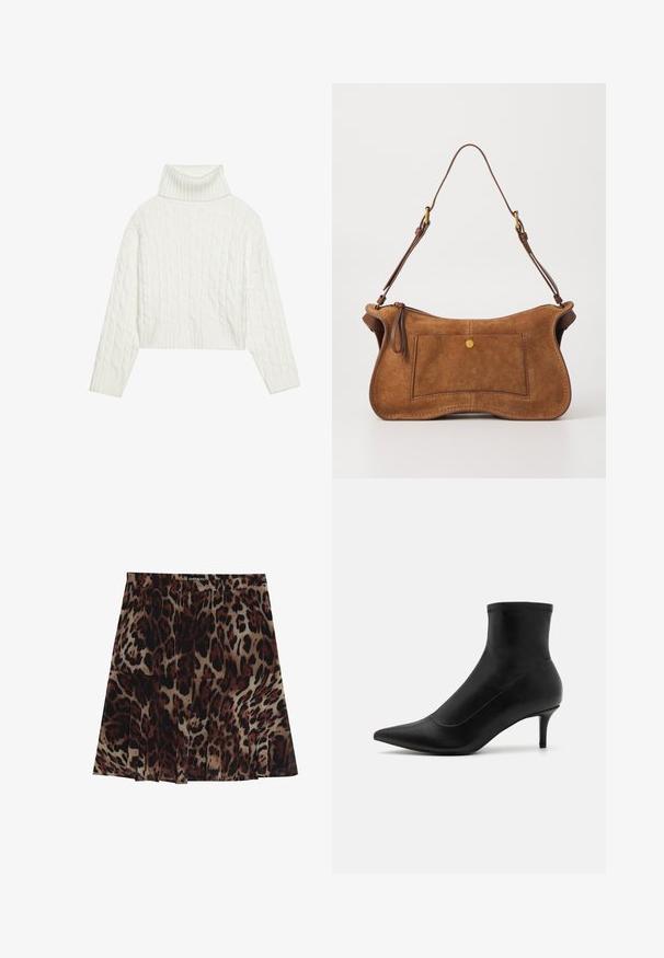 Hvid kabel-strikket turtleneck sweater med en cropped silhuet, der har ribbede manchetter og kant. Blød tekstur med et hyggeligt, chunky design.; Leopardmønstret midiskirt med plisseret design, der har en tan basisfarve med mørkebrune og sorte pletter. Elastisk talje for bedre pasform.; Sorte ankelstøvler i glat læder med spids tå og en kort, tynd hæl. Har et sømløst design og subtile stikninger.; Dolce Vita JOSIE - Håndtasker - pecan; Guldfarvede øreringe med en glat, rund form, der har en reflekterende overflade og en stift, der sikrer en sikker pasform.