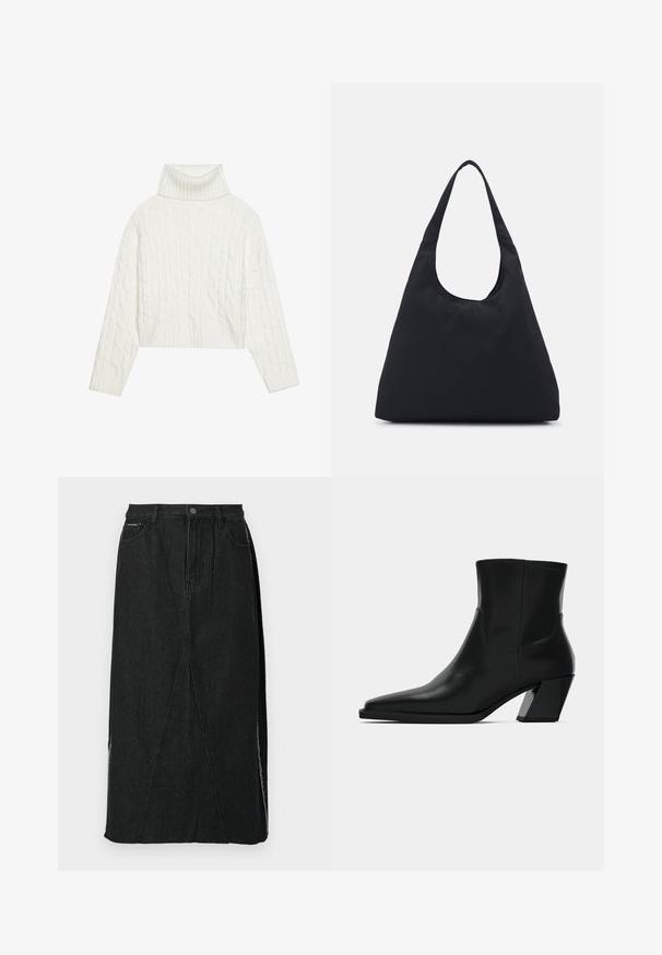 Maglione bianco a collo alto con lavorazione a trecce, caratterizzato da una silhouette cropped e bordi a coste. Texture morbida con un design accogliente e voluminoso.; Gonna di jeans nera con vita alta, taglio dritto e cuciture angolari uniche. Presenta fessure laterali e una chiusura con bottone in vita.; Stivale in pelle nera alla caviglia con punta affilata, una silhouette slanciata e un tacco quadrato massiccio. Texture liscia con dettagli di cucitura minimi.; Borsa di tessuto nera con un'unica tracolla larga. Forma morbida e semi-strutturata, con una texture liscia; design minimale, senza hardware visibile.