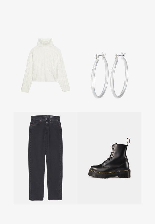 Valkoinen palmikkoneuleinen pooloneule, jossa on lyhyt malli ja ribbireunat hihoissa ja helmassa. Pehmeä tekstuuri, mukava ja tukeva muotoilu.; Valkoinen raidallinen pitkähihainen paita, jossa on pyöreä pääntie. Valmistettu stretch-kankaasta, joka myötäilee vartaloa. Sisältää hillittyjä vaakasuoria viivoja.; Musta farkut suoran leikkauksen kanssa, joissa on kupariset niitit, napin kiinnitys ja viisi taskua. Yksinkertainen muotoilu ilman ylimääräisiä koristeita.; Mustat nahkasaappaat, joissa on nyöritys nilkkoihin asti, paksu musta pohja ja keltaset ompeleet. Takana vetotappi ja pyöreät metalliset silmukat.; Hope-silver rengas, joissa on sileä ja kiillotettu pinta. Pyöreä muoto ja turvallinen napsautettava lukitus. Kevyt muotoilu sopii päivittäiseen käyttöön.