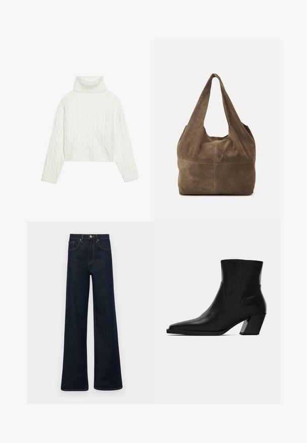 Valge kaelustega soonikkoes kampsun, millel on lühendatud siluett, rõhutatult soonikuga mansetid ja alläär. Pehme tekstuur ja mugav, paks disain.; Tumedast sinised laiad teksapüksid, millel on ees taskud, vöökohad ja nööpkinnitus.; Must must jalatsid mustast nahast, terava ninaga, stiilne siluett ja jäme ruudukujuline konts. Sile tekstuur, millel on minimaalsed õmblemise detailid.; Pruun nubukist hobo kott, millel on üks õlapael, pehme tekstuur ja ümar kuju. Omab keskosas õmblust lisadetailina.