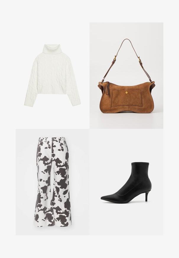 Pull à col roulé en maille blanche, avec une coupe courte, doté de poignets et d'un ourlet côtelés. Texture douce avec un design épais et confortable.; Pantalons en denim évasés blancs avec motif tacheté noir de vache. Comprend cinq poches, passants de ceinture et fermeture à bouton à l'avant. La texture semble robuste.; Bottines noires en cuir lisse avec un bout pointu et un petit talon fin. Présente un design sans couture et des accents de couture subtils.; Dolce Vita JOSIE - Sac à main - pecan; Boucles d'oreilles dorées avec une forme lisse et arrondie, dotées d'une surface réfléchissante et d'un fermoir à tige pour un maintien sécurisé.