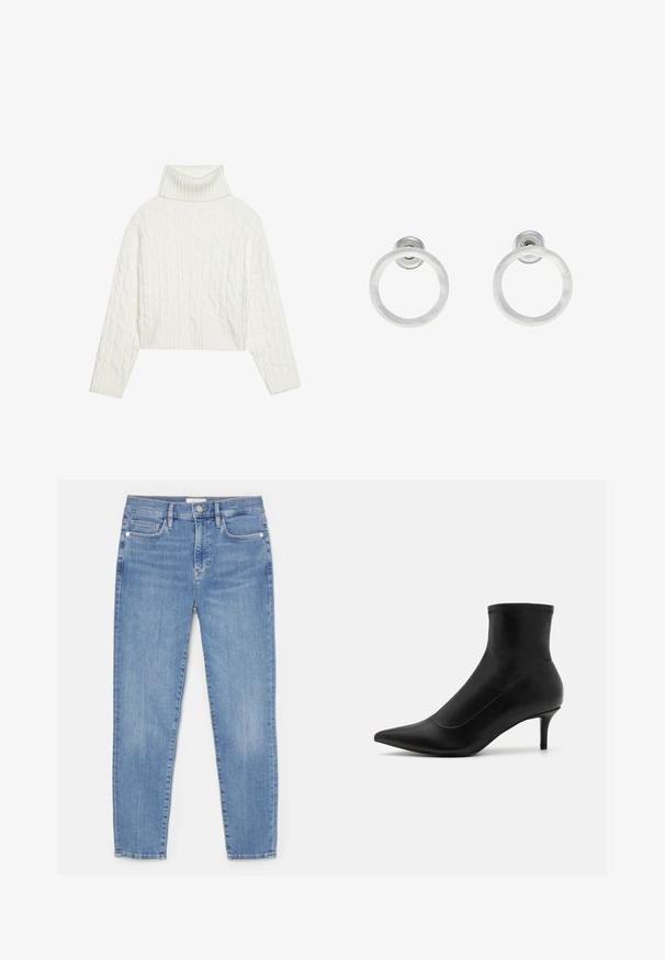 Valkoinen palmikkoneuleinen pooloneule, jossa on lyhyt malli ja ribbireunat hihoissa ja helmassa. Pehmeä tekstuuri, mukava ja tukeva muotoilu.; Valaistus siniset farkut, joissa on säädetty muotoilu, viisi taskua, etupainike ja näkyvät ompeleet saumoissa.; Musta nilkkurit, jotka on valmistettu sileästä nahasta, joissa on terävä kärki ja lyhyt, ohut korko. Niissä on saumaton muotoilu ja hienovaraiset tikkauskoristeet.; Hopeista valmistetut korvakorut, joissa on harjattu pinta, ympyrän muotoinen muotoilu ja kirkas varsi takana, joka takaa turvallisen käytön.