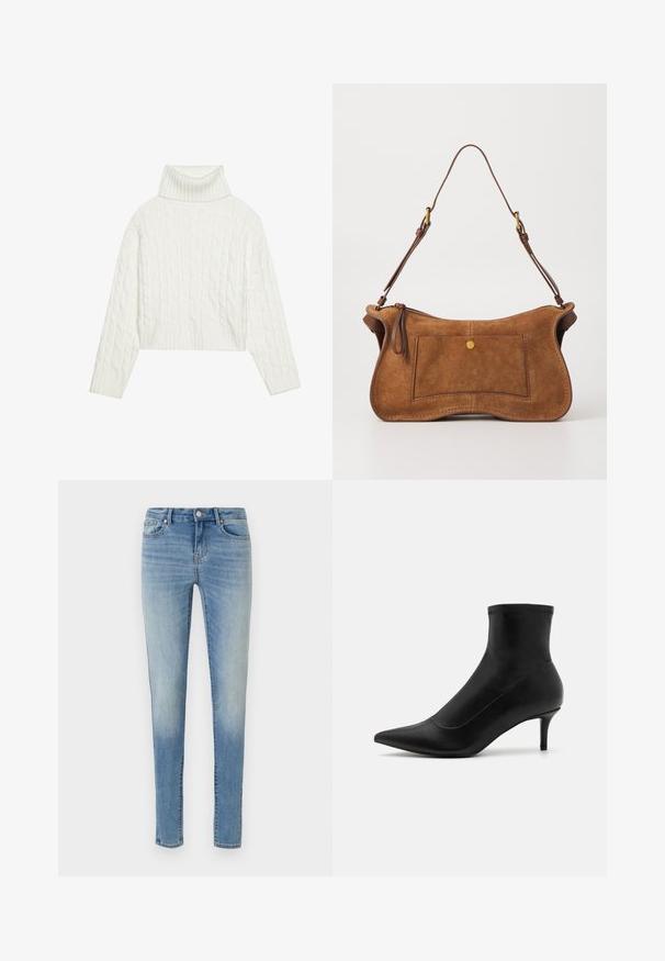 Suéter de cuello alto de punto trenzado blanco con un corte cropped, que cuenta con puños y dobladillo acanalados. Textura suave con un diseño cómodo y voluminoso.; Jeans ajustados de mezclilla azul claro, con un lavado desgastado, diseño clásico de cinco bolsillos y cremallera con botón.; Botas negras hasta el tobillo hechas de cuero liso con punta afilada y un tacón corto y delgado. Presentan un diseño sin costuras y sutiles acentos de costura.; Dolce Vita JOSIE - Bolso de mano - pecan; Pendientes de color dorado con una forma suave y redondeada, que cuentan con una superficie reflectante y un cierre de palanca para un uso seguro.